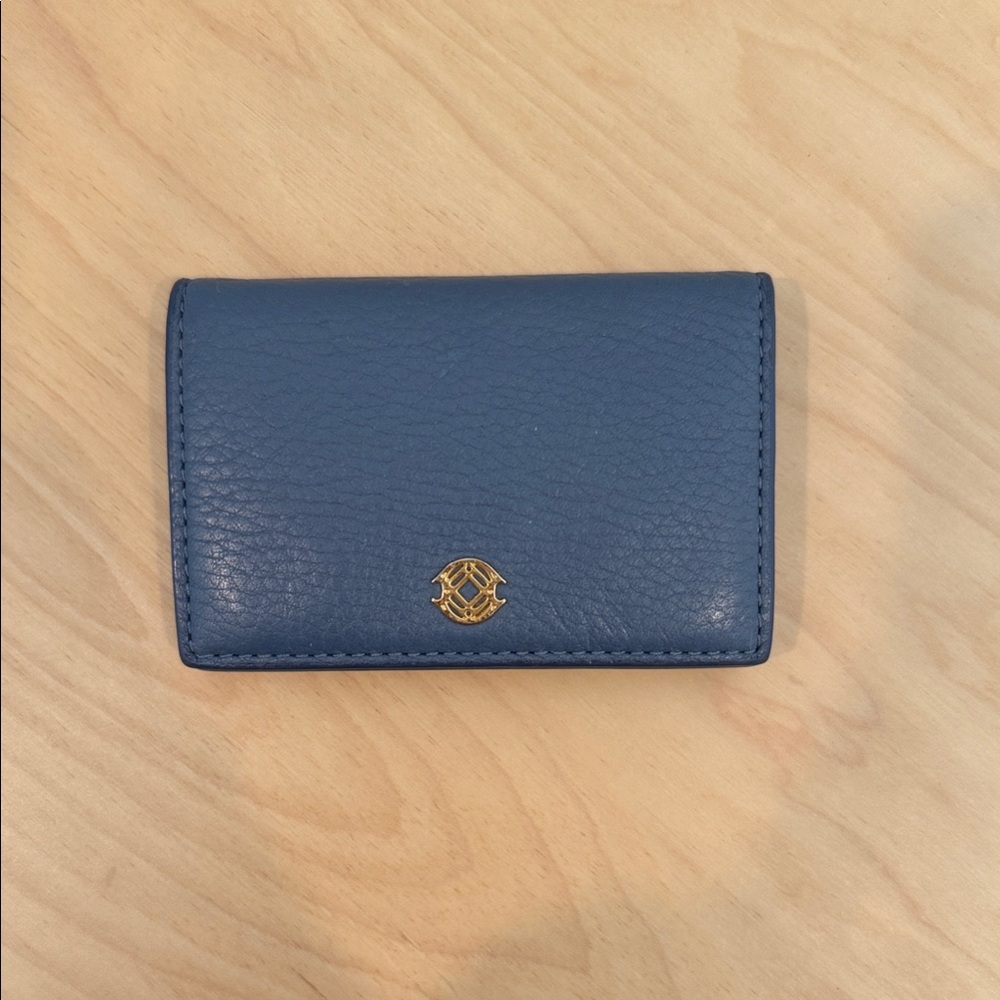 Dagne Dover Blue Leather Card Accordion Holder with Gold Emblem